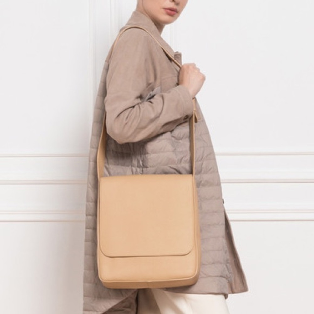 The Row Avery Flap Messenger Bag Tan Grained Calfskin Leather